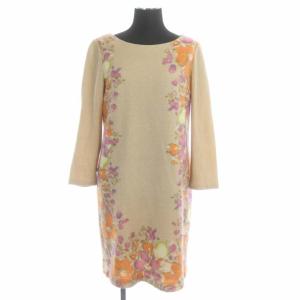 ニットワンピース 七分袖 タイト ミニ バックフリル 花柄 ラウンドネック 36 ベージュ