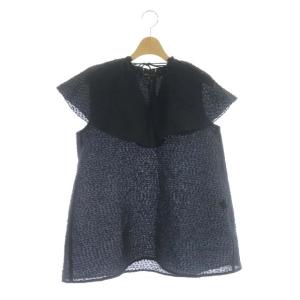 22SS オーガンボーダーラッフルカラーブラウス 38 ネイビー