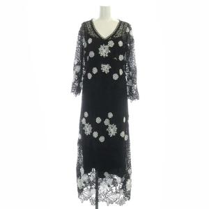 フラワーレースワンピース ロング 長袖 キャミソール付き 36 白 ブラック ホワイト