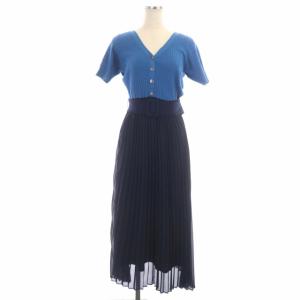ドッキングニットワンピース プリーツ ロング 半袖 ベルト付き 36 青 紺 ブルー ネイビー