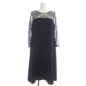 ワンピース ロング 七分袖 チュールレース 切替 36 紺 ネイビー