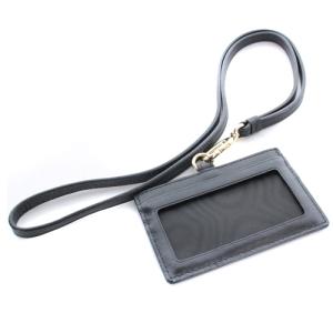 FURLA ARMONIA S BADGE HOLDER ネックストラップ付カードケース レザー 型押し ロゴ 黒 ブラック