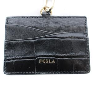 FURLA ARMONIA S BADGE HOLDER ネックストラップ付カードケース レザー 型押し ロゴ 黒 ブラック