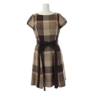 クレストブリッジチェックワンピース 半袖 ひざ丈 フレア リボンベルト付き 34 茶 ベージュ ピンク
