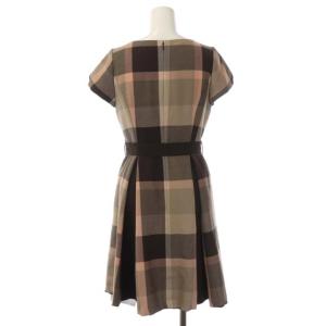 BLUE LABEL CRESTBRIDGE クレストブリッジチェックワンピース 半袖 ひざ丈 フレア リボンベルト付き 34 茶 ベージュ ピンク