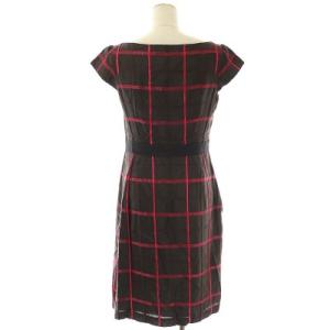 TOCCA 刺繍 チェック フレンチスリーブ ワンピース ボートネック プルオーバー タイト ミモレ ロング 半袖 4 ダークブラウン