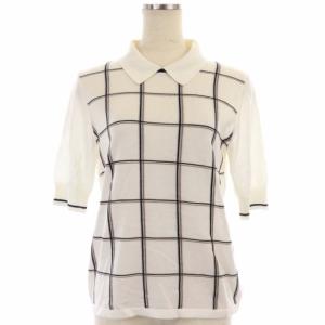 チェック柄襟付きニット カットソー プルオーバー カシミヤ混 五分袖 10 白 ホワイト