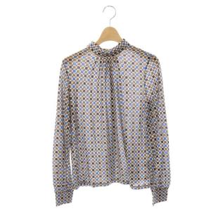 総柄ハイネックトップス カットソー 長袖 8 ライトグレー ブラウン マルチカラー