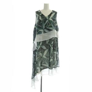 ノースリーブフレアワンピース リーフ柄 ロング アシンメトリー アシメ 緑 白 グリーン ホワイト