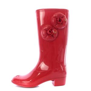 CHANEL レインブーツ ロング ハイヒール カメリア ココマーク ラバー 37 レッド