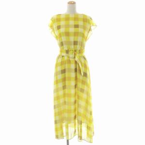 チェックギャザーワンピース ロング フレア フレンチスリーブ ボートネック シアー 36 黄色 イエロー 茶色 ブラウン オレンジ色