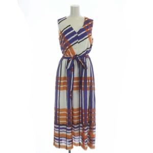 20SS ビックチェックワンピース ノースリーブ フレア ロング 36 白 オレンジ 紫 ホワイト パープル