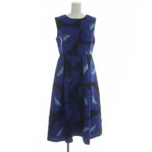 フラワー ジャガード ワンピース 総柄 フレア ロング ノースリーブ 36 青 黒 水色 ブルー ブラック ライトブルー