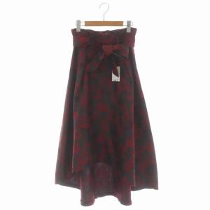 アブストラクトジャガードスカート ロング フレア タック 総柄 38 レッド グレー