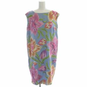 ワンピース フローラル刺繍 ノースリーブ ストレート 膝丈 ボートネック 38 グレーブルー