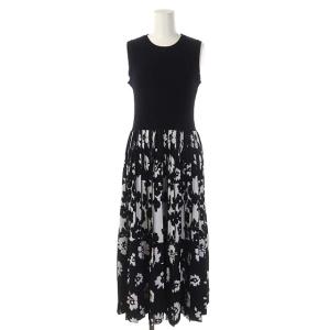 21SS バイカラーフラワー ワンピース ニット ロング ノースリーブ 36 黒 白 ブラック ホワイト