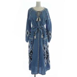 キカ刺繍 カフタンワンピース リボンベルト付き 36 ブルー