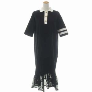 Grace Class 22AW メッシュコンビラガーワンピース 異素材切替 金ボタン ロング 裾フレア 五分袖 36 黒 白 ブラック ホワイト