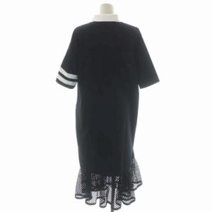 Grace Class 22AW メッシュコンビラガーワンピース 異素材切替 金ボタン ロング 裾フレア 五分袖 36 黒 白 ブラック ホワイト