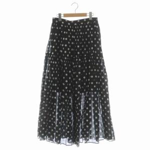 ドットギャザーロングスカート フレア ギャザー 水玉 40 黒 白 ブラック ホワイト