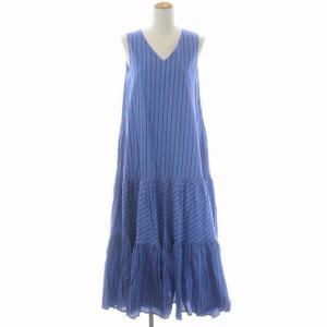 ストライプ Vネック ノースリーブ ワンピース ロング フレア 38 ブルー