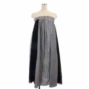 22SS  ベアトップワンピース ギャザー チェック ストライプ ミモレ ロング 1 黒 ブラック 白 ホワイト