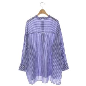 23区 21SS シルクコットンストライプ シャツブラウス ノーカラー 50 ブルー ホワイト