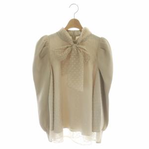 CELFORD 21AW ドットフロッキー フレア ブラウス プルオーバー ニット切替 リボン付き 36 ベージュ