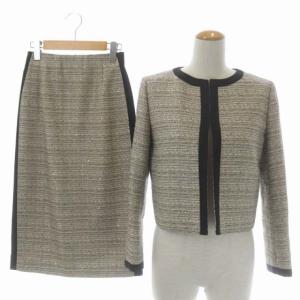 スパンコールツイード スーツ セットアップ ノーカラージャケット タイトスカート 36 ライトベージュ