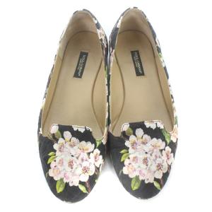 DOLCE&GABBANA パンプス 花柄 ラウンドトゥ ローヒール 35 21.5cm 黒 ブラック