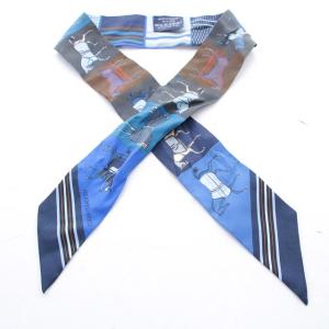 HERMES ツイリー ホース マルチストライプ スカーフ 総柄 シルク 青 ブルー