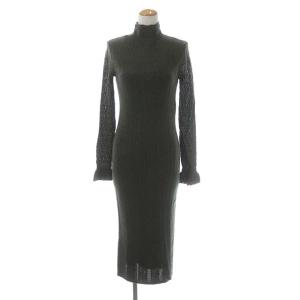 ウール ハイネック ニットワンピース 長袖 ロング タイト プルオーバー XS カーキ