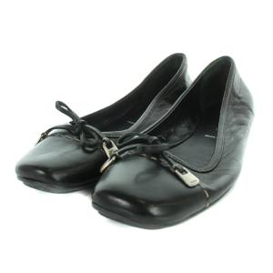バレエシューズ パンプス スクエアトゥ リボン レザー 36.5 22.5cm 黒 ブラック