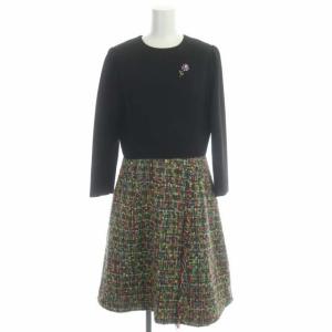 ツイードワンピース 膝丈 フレア 長袖 クルーネック フラワービジュー フリンジ ブラック