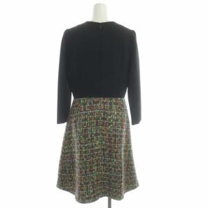 Chesty ツイードワンピース 膝丈 フレア 長袖 クルーネック フラワービジュー フリンジ ブラック