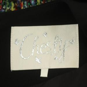 Chesty ツイードワンピース 膝丈 フレア 長袖 クルーネック フラワービジュー フリンジ ブラック