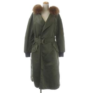 ミリタリーコート ロング ナイロン ダブル フード フォックスファー ベルト付き 38 カーキ