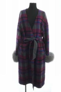 GRACE CONTINENTAL ノーカラーコート リバーシブル チェック ベルトリボン フォックスファー 36 ピンク グレー