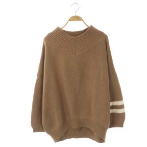 Jacquared ニット セーター Vネック バルンスリーブ ストレッチ 長袖 茶 ブラウン