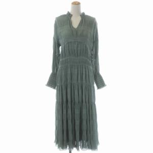 20SS SHIRRING PLEATS DRESS ワンピース Vネック 長袖 ロング フレア S ミントグリーン