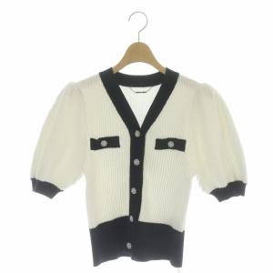 22AW ツイード半袖カーディガン ニット Vネック ビジューボタン 38 ホワイト ブラック