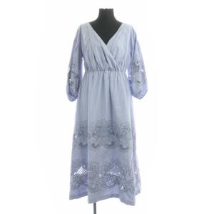 21SS ダマスク刺繍ワンピース 七分袖 タックスリーブ フレア ロング カシュクール 36 ライトブルー