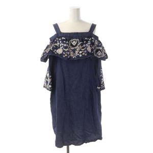 オフショルデニム刺繍ワンピース 八分袖 ミモレ丈 フレア 36 インディゴブルー
