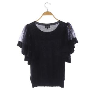 LANVIN en Bleu ニット カットソー 切替 チュール 半袖 フレアスリーブ プルオーバー ロゴ ビーズ刺繍 クルーネック 38 紺 黒 ネイビー