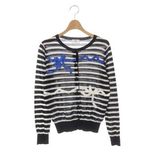ニットカーディガン 長袖 クルーネック リボン ボーダー 38 黒 ブラック 白 ホワイト 青 ブルー
