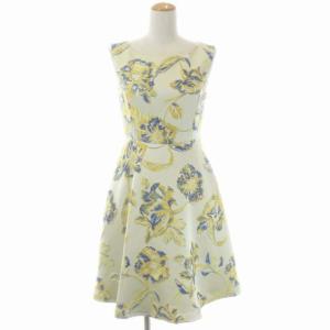パステルフラワージャガードワンピース ノースリーブ ひざ丈 フレア 36 ライトベージュ 黄 青