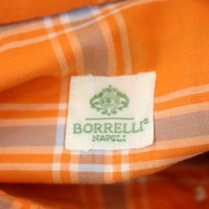 LUIGI BORRELLI チェック柄シャツ 長袖 ステンカラー コットン 39 オレンジ色 ライトブルー 白 ホワイト