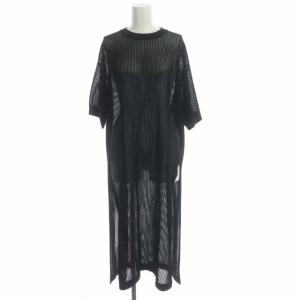 ワンピース レーヨンブレンド メッシュ Tシャツ カットソー 半袖 ロング クルーネック 黒 ブラック