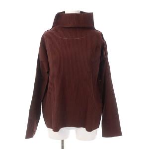 プリーツ ハイネック 長袖トップス カットソー プルオーバー 茶 ブラウン