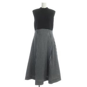 21AW ニットコンビワンピース ロング ノースリーブ ドッキング チェック ハイネック 38 黒 ブラック